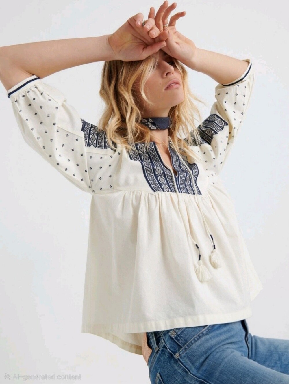 Lucky Brand Cream Navy Geometric Embroidered Bohemian Peasant Blouse Size M